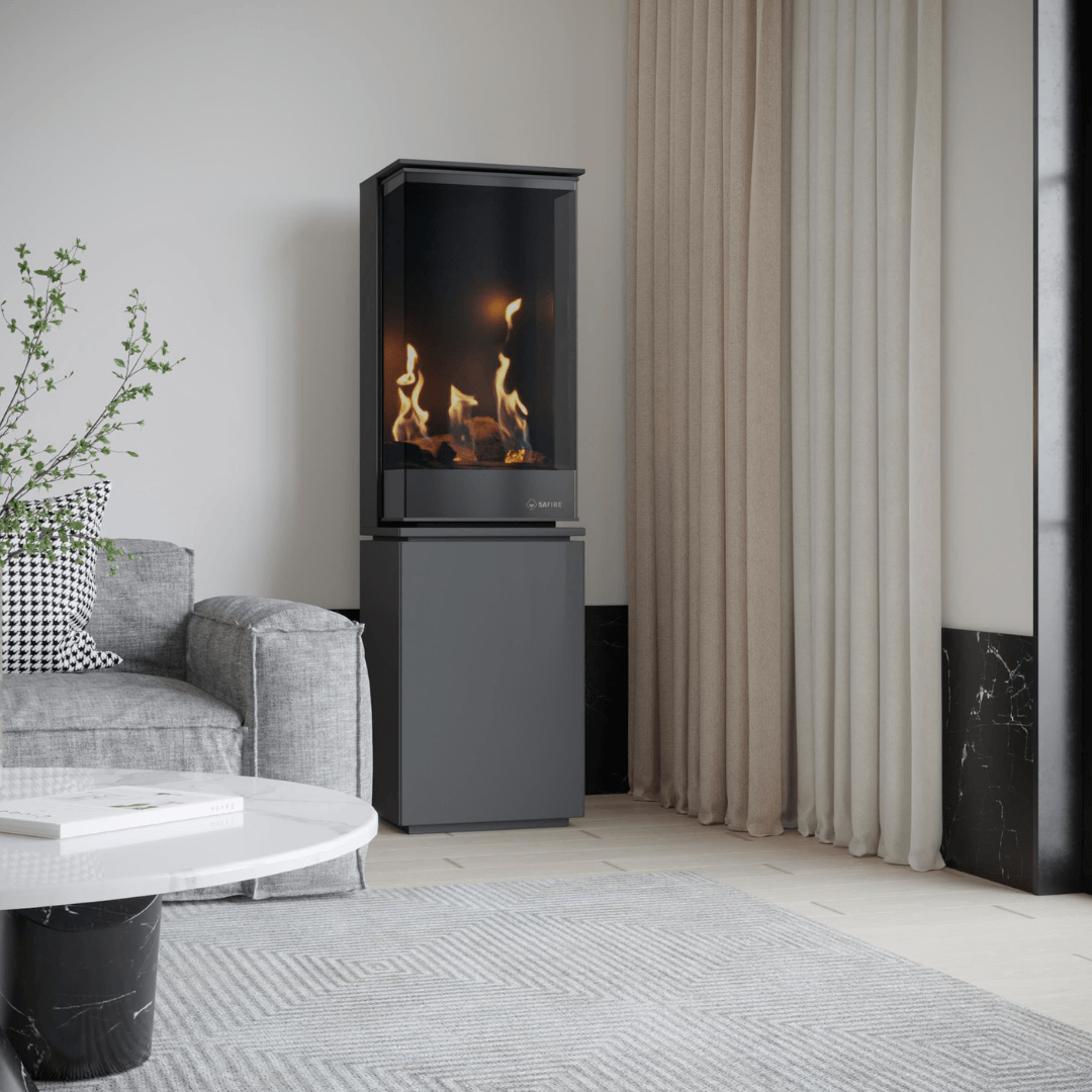 SAfire A.I. Haul flueless gas fireplace that integrates a 14kg gas bottle