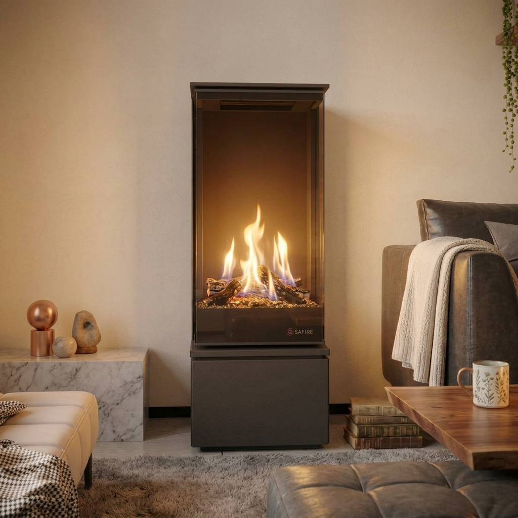 SAfire A.I. Tall Freestanding flueless gas fireplace with realistic logs and tall flames