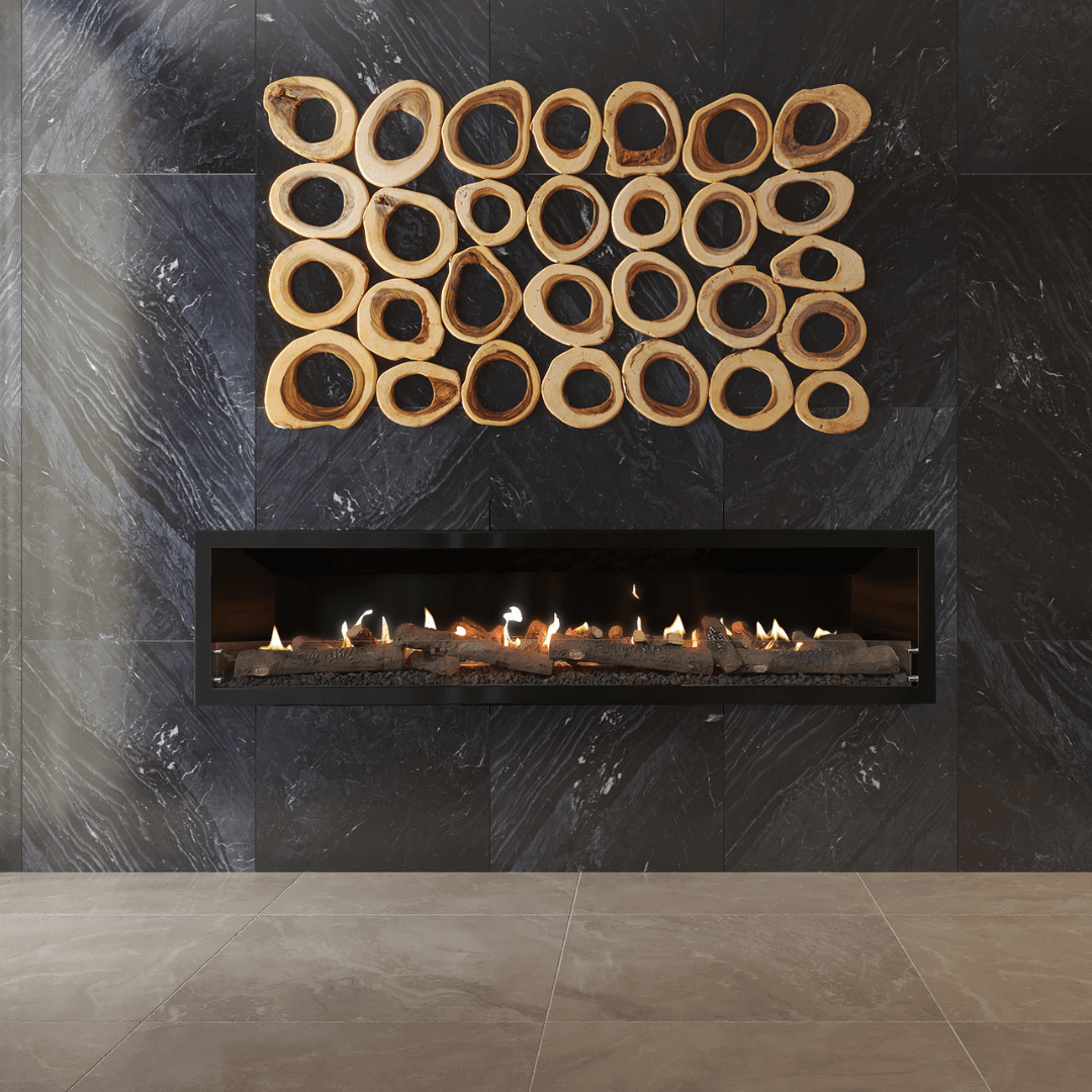 SAfire Linear gas fireplace with realistic logs — black, stainless steel or combination finishes