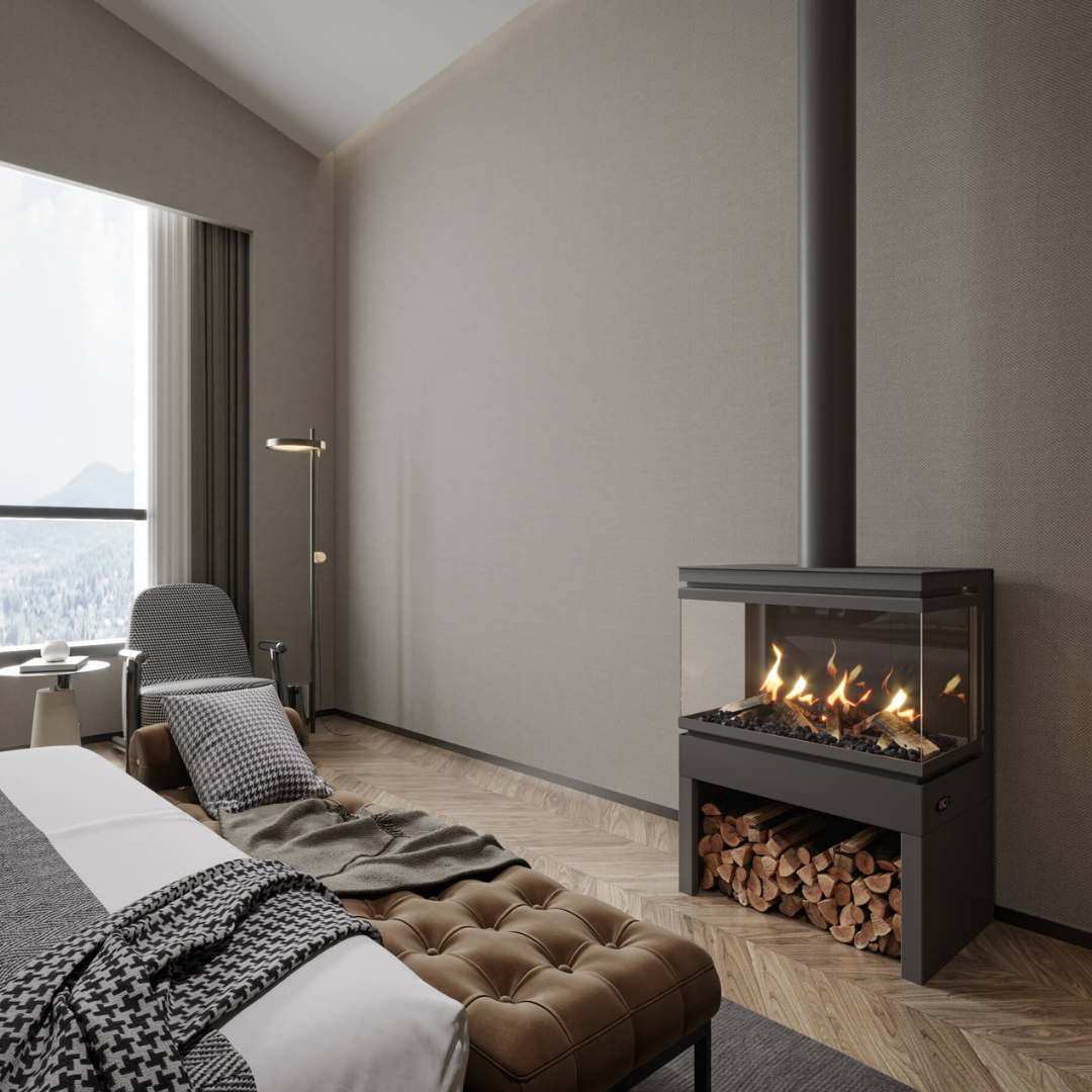 SAfire Emberglo 700 freestanding gas fireplace with log-effect fuel bed and realistic flames
