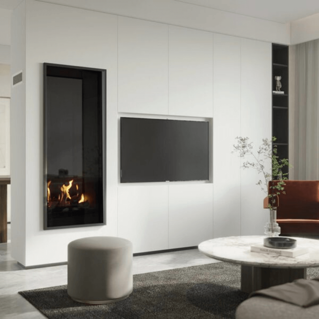 SAfire Pureview Skyline 600 flueless gas fireplace with realistic wood logs and authentic embers