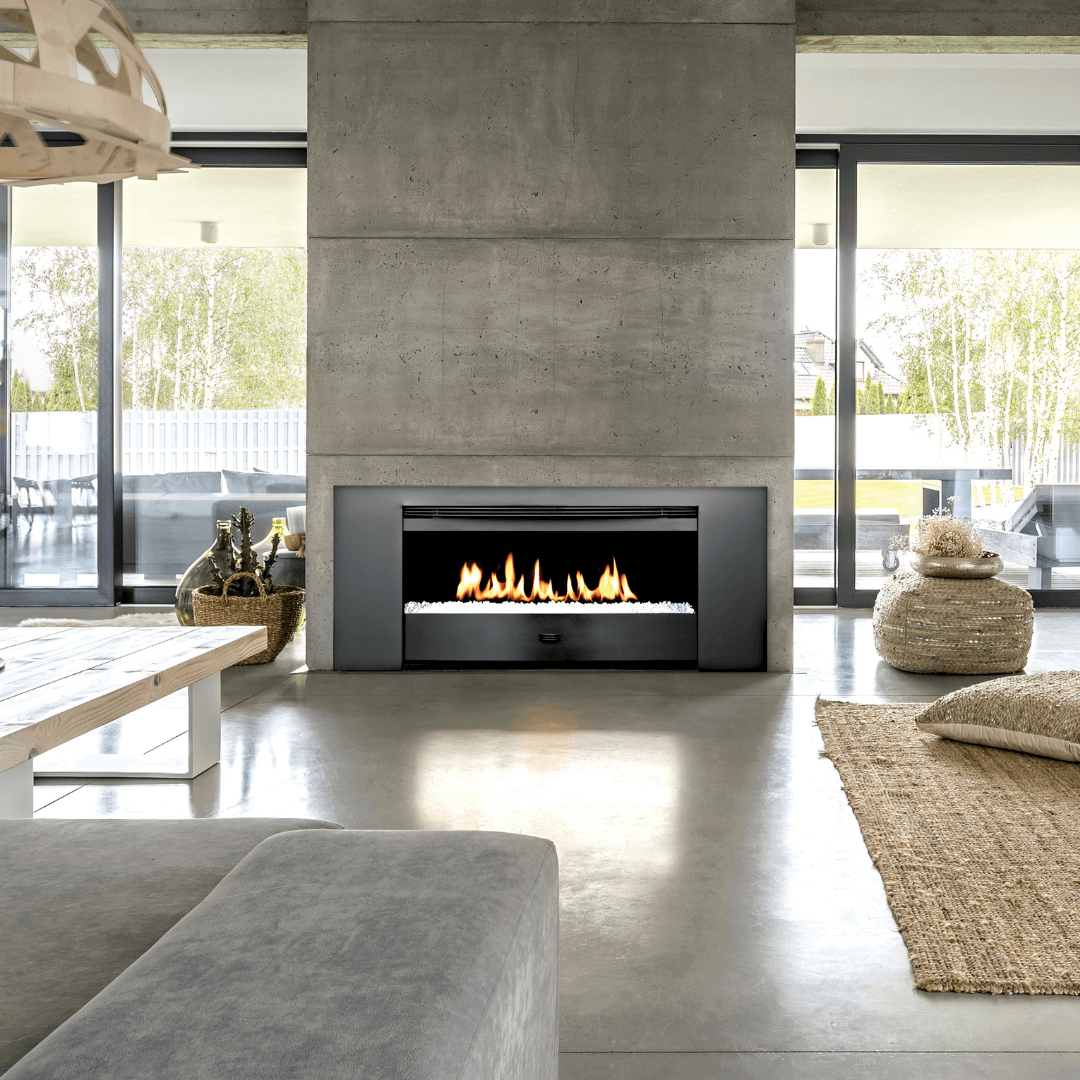 Infiniti 1000 Classic Built-in Wrap Around gas fireplace with sleek 40mm black frame