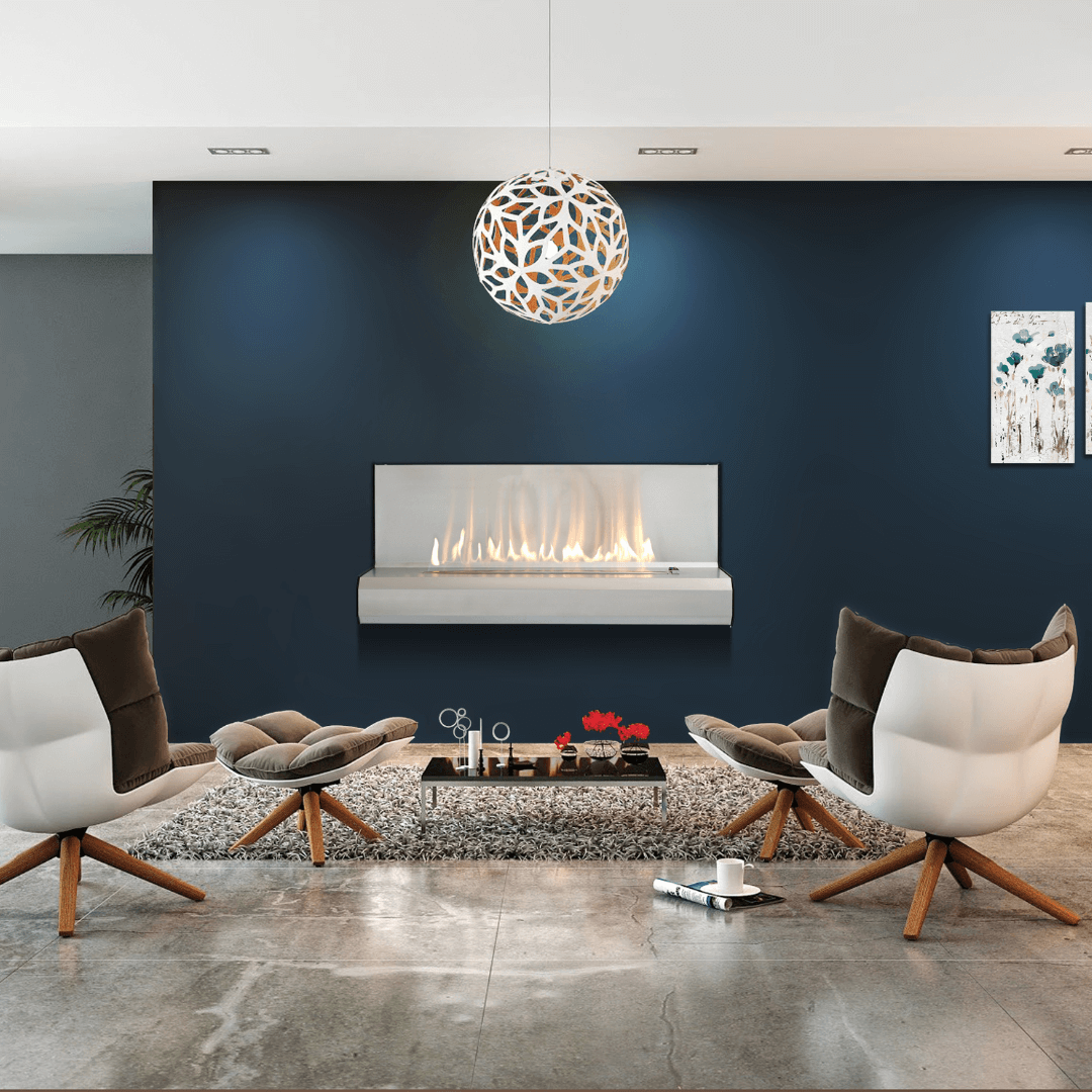 Infiniti Symphony wall-mounted gas fireplace with brushed stainless steel reflective rear wall